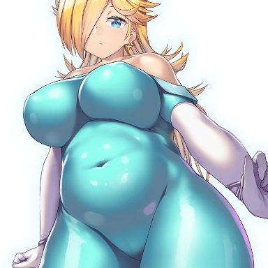 1girls, big breasts, blonde hair, bodysuit, breasts, chubby, cleavage, female, female only, huge breasts, large breasts, looking at viewer, nagase haruhito, princess rosalina, solo