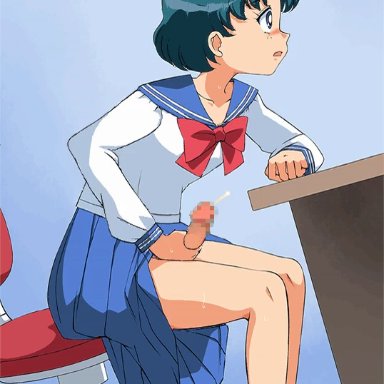 amedama akihito, ami mizuno, animated, blue eyes, blue hair, censored, cum, cumming, cumshot, erect penis, erection, erection under clothes, futa only, futanari, gif