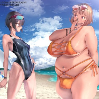 2futas, balls, big breasts, bikini, breasts, bulge, chubby, cleavage, dickgirl, erection, erection under clothes, futa only, futanari, large breasts, one-piece swimsuit