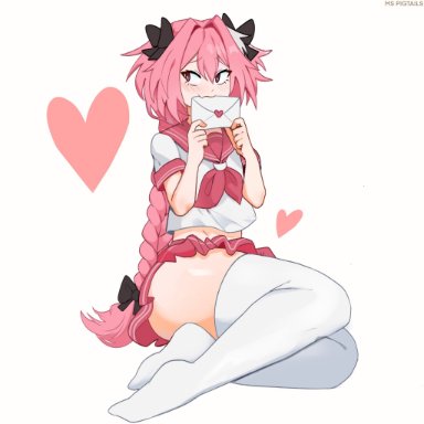 1:1, 1boy, androgynous, astolfo (fate), blush, braided hair, fate (series), fate/grand order, femboy, girly, hair ribbon, heart, huge thighs, legwear, long hair