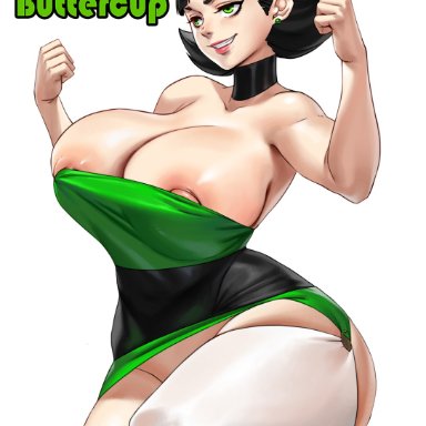 1girls, areolae, ass, big ass, big breasts, black hair, buttercup (powerpuff girls), choker, earrings, female, female only, green eyes, huge breasts, huge thighs, large breasts