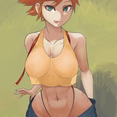 areola, big ass, big boobs, big breasts, big hips, bottom heavy, huge ass, huge breasts, kasumi (pokemon), looking at viewer, mrjacks art, muscular, nipples, orange hair, panties