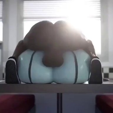 animated, balls deep, bbc, bubble butt, checkered background, dark-skinned male, dat ass, huge cock, icedev, interracial, large balls, mating press, moaning, on table, pounding