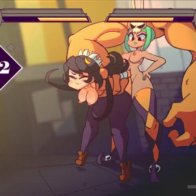 animated, diives, erect nipples, futa on female, futanari, green lipstick, hair arms, lactation, medium breasts, nipples, open anus, open pussy, skullgirls, smile, tagme