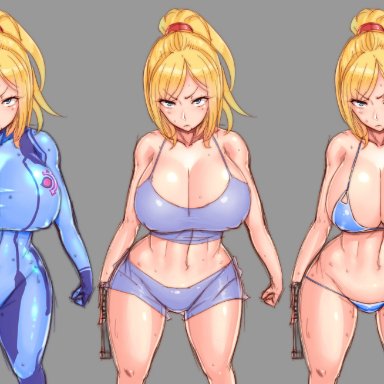 1girls, alternate costume, bikini, blonde hair, blue eyes, bodysuit, breasts, cleavage, female, high resolution, huge breasts, looking at viewer, metroid, nintendo, ponytail