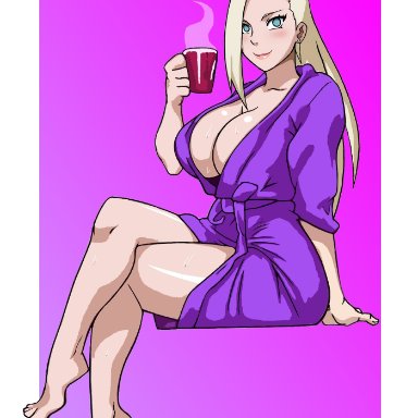 bathrobe, big breasts, blonde hair, busty, coffee mug, curvy, feet, female, female only, green eyes, ino yamanaka, legs, lipstick, looking at viewer, naruho