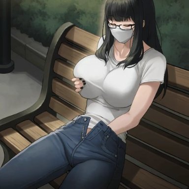 1girls, animated, big breasts, black fingernails, black hair, breast grab, breasts, clothed, clothed masturbation, female, female only, glasses, kkamja, mask, masturbation