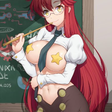 alternate costume, alternate hairstyle, anarchojs, bangs, bespectacled, between breasts, breasts, chalkboard, commentary request, cowboy shot, erect nipples, eyebrows visible through hair, female, female only, glasses