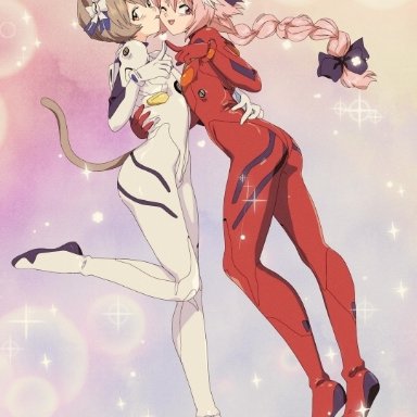 2boys, alternate costume, animal ears, astolfo (fate), asuka langley sohryu (cosplay), ayanami rei (cosplay), bluethebone, cat ears, fate (series), felix argyle, femboy, girly, male, male only, neon genesis evangelion