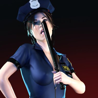 3d, blender, cop, daz3d, lara croft, licking, police, police uniform, policewoman, tomb raider, tomb raider reboot, uniform