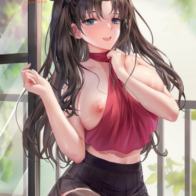 blue eyes, chihunhentai, curvy, dark hair, female, large breasts, long hair, partially clothed, skirt, solo female, thick thighs, tohsaka rin, wet breasts