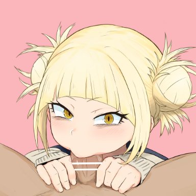 1boy, blonde hair, blowjob, blush, deep penetration, deep throat, faceless male, female, himiko toga, invisiblewanwano, long hair, looking at viewer, male/female, my hero academia, saliva on penis