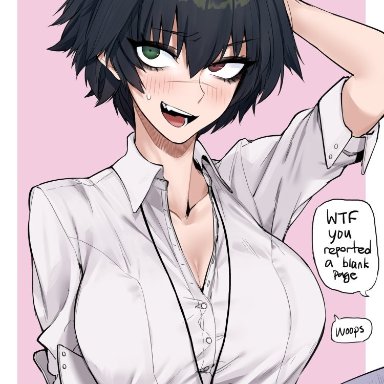 big breasts, blush, button-up, cleavage, dark hair, english text, eyeshadow, hand on head, heterochromia, j.k., lady (devil may cry), oerba yun fang, office lady, original, scar