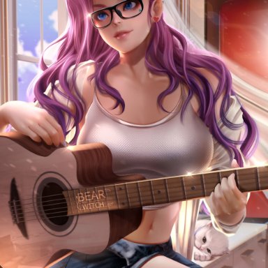 bearwitch, cat, glasses, guitar, league of legends, midriff, pink hair, seraphine (league of legends), tagme