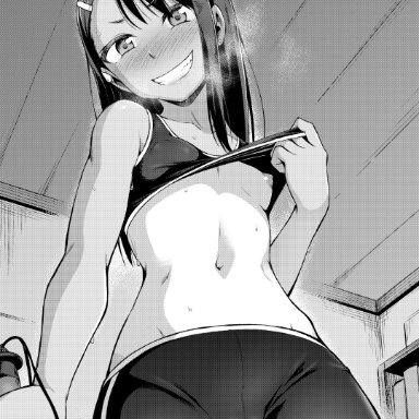 black hair, blush, breasts, cameltoe, dark skin, dark-skinned female, female, female focus, female only, flashing, flashing breasts, ghettoyouth, hayase nagatoro, lifted shirt, lifting clothing