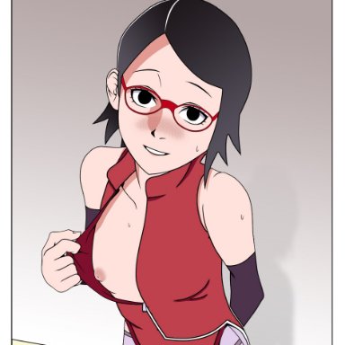 bangles, black eyes, black hair, blush, boruto: naruto next generations, glasses, hand on back, looking at viewer, naruto, naruto (series), naruto shippuden, no bra, open clothes, open mouth, sarada uchiha