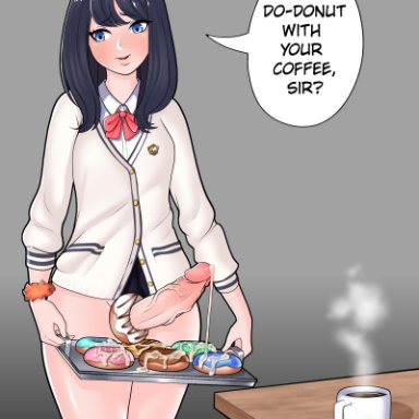 1futa, 1girls, averting eyes, black hair, blue eyes, blush, bodily fluids, clothed, clothing, coffee, coffee mug, cum, cum on food, dialogue, donut