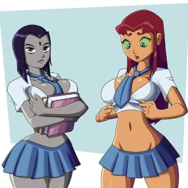 books, breasts, cleavage, green eyes, grey skin, navel, necktie, purple hair, raven, red hair, school uniform, skirt, starfire, tagme, teen titans