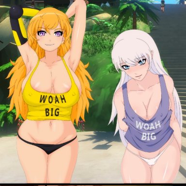 4girls, blake belladonna, hard nipples, neeba, nipples, panties down, public, ruby rose, rwby, tank top, teasing, weiss schnee, yang xiao long