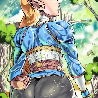 ass, blonde hair, curvy, d-art, dat ass, female, from behind, green eyes, huge ass, long hair, looking back, outdoor, pants, princess zelda, the legend of zelda