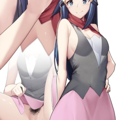 1girls, blue eyes, blue hair, boots, breasts, censor bar, dawn (pokemon), female, hat, long hair, nintendo, no panties, open mouth, pale skin, pale-skinned female