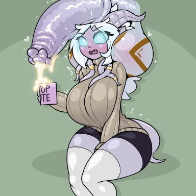 1boy, 1girls, big breasts, blue eyes, blue sclera, blush, breasts, cleavage, cumdrip, disembodied penis, draenei, erection, female, hooves, horns