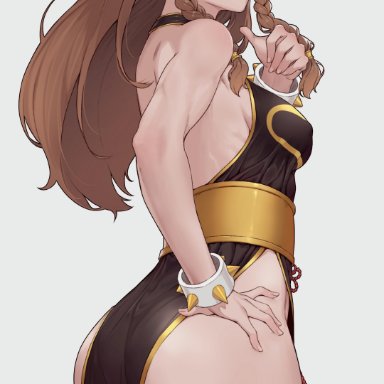 absurdres, big ass, black clothing, braid, braided hair, brown eyes, brown hair, cheshirrr, chinese clothes, chun-li, hand on ass, highres, large breasts, looking at viewer, street fighter