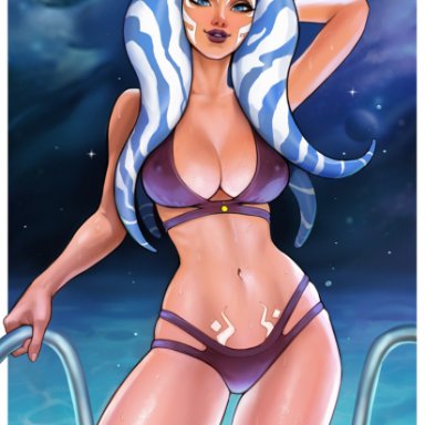 1girls, ahsoka tano, aroma sensei, big breasts, bikini, breasts, cleavage, erect nipples, female, female only, large breasts, looking at viewer, nipples, solo, star wars