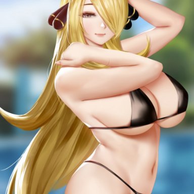 1girls, bikini, blonde hair, breasts, cleavage, cynthia (pokemon), easonx, female, female only, hair over one eye, large breasts, long hair, looking at viewer, navel, panties