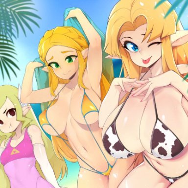 3girls, big breasts, breasts, cleavage, female, female only, huge breasts, large breasts, looking at viewer, nintendo, princess zelda, slugbox, the legend of zelda, toon zelda, zelda (a link to the past)