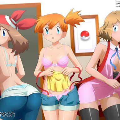 ass, bandana, black legwear, blue bra, blue eyes, blue panties, breasts, brown hair, jean shorts, kasumi (pokemon), looking at viewer, may (pokemon), orange hair, pink bra, pink dress