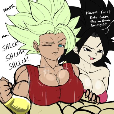 1boy, 2girls, big breasts, caulifla, dark skin, dark-skinned female, dragon ball, dragon ball super, huge breasts, kale, male, male/female, muscular female, naughty face, nipples