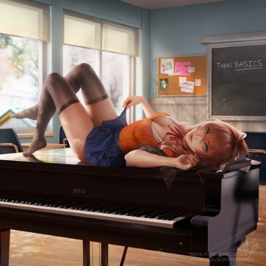 blondynkitezgraja, doki doki literature club, green eyes, monika, monika (doki doki literature club), piano, realistic, skirt, skirt lift, thighhighs