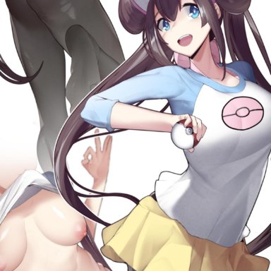 1girls, alternate version available, areolae, ass, big ass, black leggings, blue eyes, breasts, brown hair, double bun, female, hat, holding object, holding poke ball, leggings