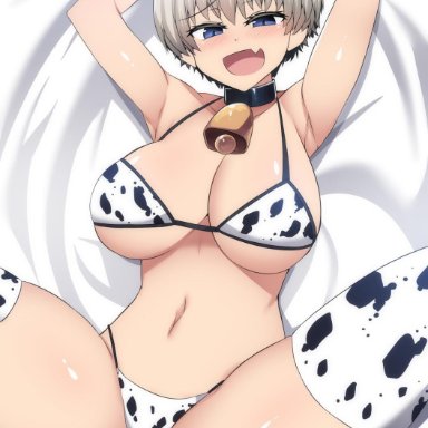 blue eyes, blush, choker, cow bell, cow bikini, hinghoi, huge breasts, large breasts, looking at viewer, mookini, navel, panties, shortstack, silver hair, skin fang