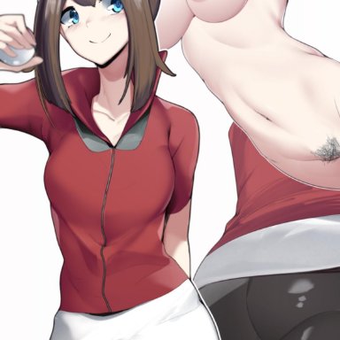 1girls, areolae, ass, big ass, blue eyes, breasts, brown hair, female, may (pokemon), medium hair, minishorts, nintendo, nipples, pale skin, pale-skinned female