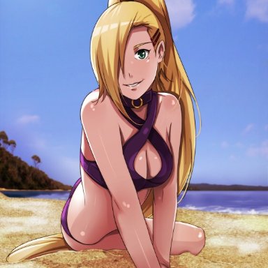 1girls, beach, bikini, blonde hair, blue eyes, breasts, cleavage, cleavage cutout, cutout, female, female only, ino yamanaka, long hair, looking at viewer, naruto