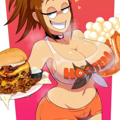 1girls, androjuniarto, areolae, beer, big breasts, brown hair, choker, diner dash, eye contact, female, female only, flo (diner dash), green eyes, half-closed eyes, heavy breathing