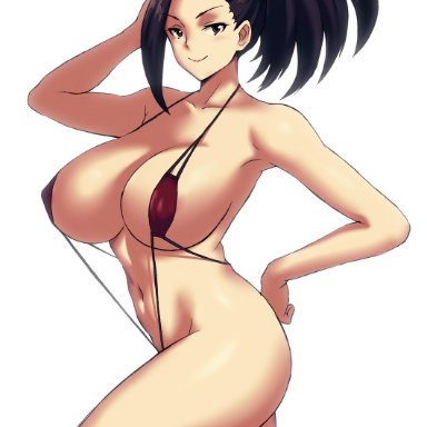 1girls, akihoyy, alternate version available, areola slip, areolae, bare shoulders, big breasts, big hair, black eyes, black hair, blush, breasts, cleavage, clothing, collarbone