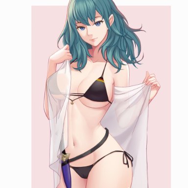 alternate costume, bare legs, belly, belly button, big breasts, bikini, black swimsuit, blue eyes, byleth (female), byleth (fire emblem), byleth (fire emblem) (female), dagger, dakkalot, fire emblem, fire emblem: three houses