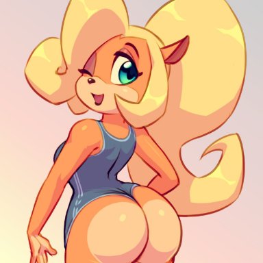 1girls, anthro, ass, big ass, blonde hair, coco bandicoot, crash (series), eye contact, female, female only, furry, green eyes, large ass, long hair, looking at viewer