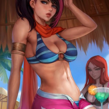 2girls, big breasts, breasts, cleavage, female, female only, fiora laurent, kittew, large breasts, league of legends, looking at viewer, pool party fiora, riot games