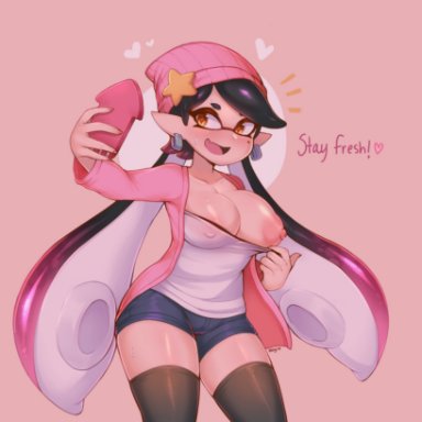 2020, areolae, beauty mark, blush, breasts, callie (splatoon), clothing, digital media (artwork), earrings, female, flashing, large breasts, negitivess, nipples, selfie