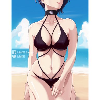 1girls, bare arms, bare legs, bare shoulders, beach, big breasts, bikini, black bikini, black swimsuit, blue hair, cloud, collarbone, female, fire emblem, fire emblem: three houses