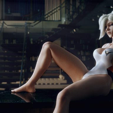1girls, 3d, autodesk maya, big breasts, blonde hair, breasts, female, female only, large breasts, looking at viewer, mercy, one-piece swimsuit, overwatch, pinup, solo
