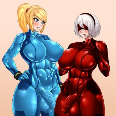 2futas, abs, balls, big balls, big breasts, big penis, big testicles, blush, bodysuit, breasts, bulge, dickgirl, futa only, futanari, hourglass figure