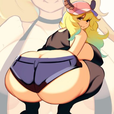 1girls, ass, big ass, big breasts, booty shorts, bottom heavy, clothed, clothed female, dragon, female, female only, gigantic ass, hat, high resolution, horns