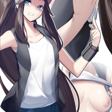 1girls, areolae, armpits, blue eyes, brown hair, eye contact, female, hat, hilda (pokemon), looking at viewer, nintendo, nipples, pale skin, pale-skinned female, pokemon