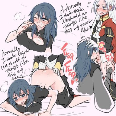 1futa, 1girls, all fours, ambiguous penetration, ass, ass up, big balls, big breasts, blue eyes, blue hair, blush, byleth (female), byleth (fire emblem), byleth (fire emblem) (female), cleavage