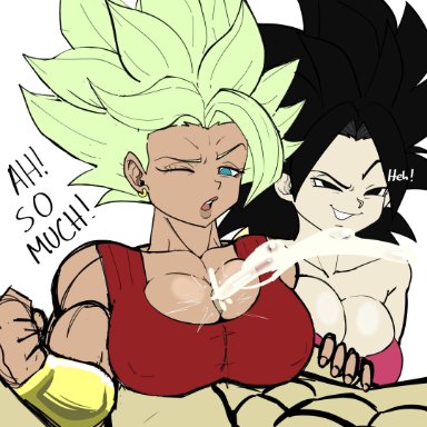 1boy, 2girls, big breasts, caulifla, dragon ball, dragon ball super, huge breasts, kale, male, male/female, moaning, muscular female, naughty face, nipples, orgasm